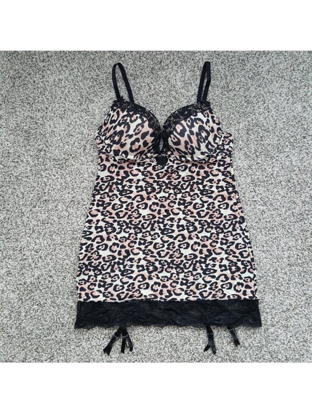 Italy 34B Leopard Print Black Lace Push Up Lingerie Chemise Garter Straps